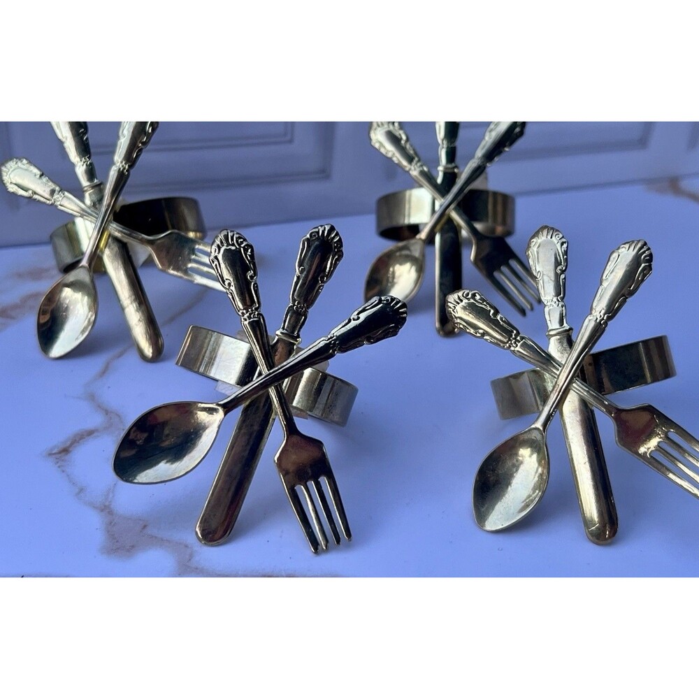 Vintage Audrey Solid Brass Napkin Rings Set of 4 Fork Knife Spoon Flatware